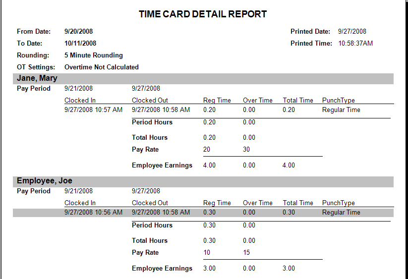 Emp Time Clock Time Card Details